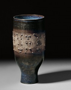 To an expert's eye, this vessel has the visual signature of Edwin & Mary Scheier (Lot 540 in the June 22, 2013 20th Century Design auction, Estimate $3,000-$5,000)