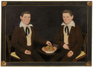 Ammi Phillips (American, 1788-1865), Double Portrait of the Ten Broeck Twins, Columbia County, New York, 1834 (Lot 13, Estimate $300,000-$500,000)