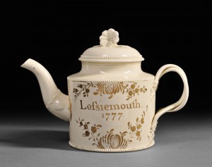 Staffordshire Cream Colored Earthenware Teapot and Cover, England, c. 1777, to be sold in the July 13, 2013 European Furniture & Decorative Arts auction (Estimate $1,200-$1,800) Staffordshire Cream Colored Earthenware Teapot and Cover