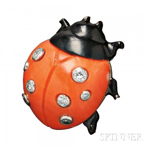 18kt White Gold, Black Laquer, Coral, and Diamond Ladybird Brooch, Cartier (Lot 577, Estimate $8,000-$10,000)