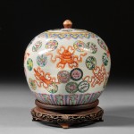 Famille Rose Covered Jar with Iron Red Decorations, China, 20th century (Lot 124, Estimate $300- $500)