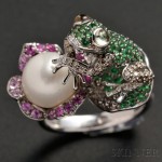14kt White Gold, Cultured Pearl, Diamond, and Colored Gemstone Frog Ring (Lot 250, Estimate $1,500-$2,000)