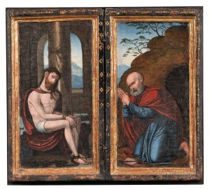 Flemish School, 16th Century, Altarpiece/Devotional Diptych: Christ with the Symbols of the Passion and St. Peter (Lot 302, Estimate $9,000- $11,000)