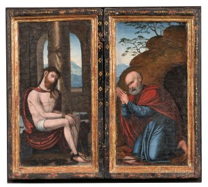 Flemish School, 16th Century, Altarpiece/Devotional Diptych: Christ with   the Symbols of the Passion and St. Peter (Lot 302, Estimate $9,000-  $11,000)