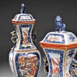 Pair of Chinese Export Porcelain Mandarin Palette Covered Garniture Vases, 18th century (Lot 44, Estimate $2,000-$2,500)