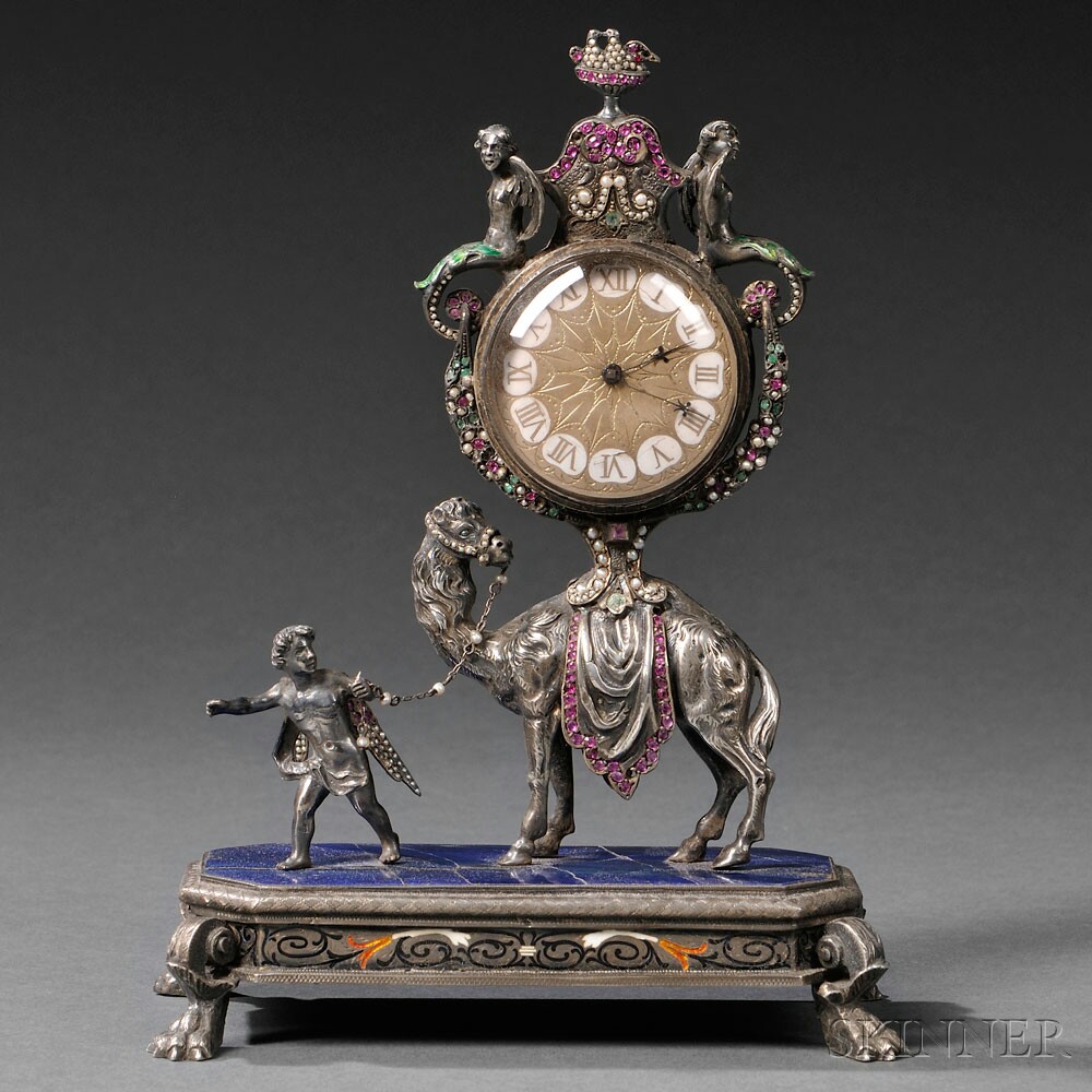 Viennese Silver, Enamel, and Jeweled Camel-form Clock, Austria, late 19th century (Lot 174, Estimate $3,000-$5,000)