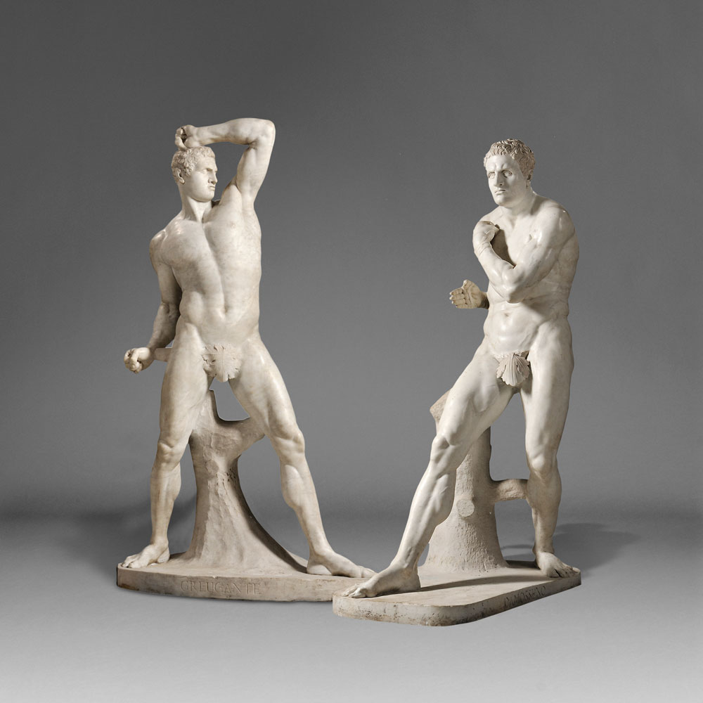 After Antonio Canova (Italian, 1757-1822), Pair of Carrara Marble Figures of the Pugilists Creugas and Damoxenos (Lot 246, Estimate $70,000-$90,000)