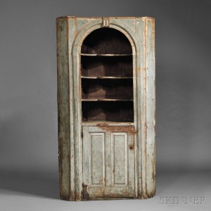 Blue-painted Pine Corner Cupboard, probably New Hampshire, mid-  18th century (Lot 308, Estimate $20,000-$30,000)