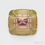 Arts & Crafts 18kt Gold, Plique-a-Jour Enamel, and Pink Tourmaline Brooch, Tiffany & Co., c. 1916 (Lot 469, Estimate $4,000-$6,000)