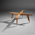 Gio Ponti (Italian, 1891-1979), Compass Table, Glass, walnut c. 1950 (Lot 361, Estimate $10,000-$15,000)