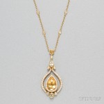 18kt Gold, Citrine, and Diamond Pendant Necklace (Lot 1247, Estimate $300-$500)