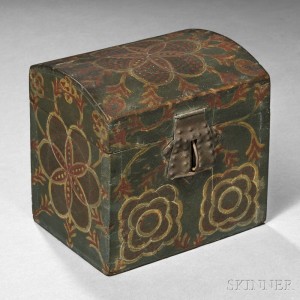 Small Paint-decorated Poplar Dome-top Box, attributed to the "Compasswork Decorator," Lancaster County, Pennsylvania, 1800-40 (Lot 100, Estimate $4,000-$6,000) Small Paint-decorated Poplar Dome-top Box, attributed to the "Compasswork Decorator," Lancaster County, Pennsylvania, 1800-40 (Lot 100, Estimate $4,000-$6,000)