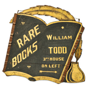 Carved, Black-painted, and Gilt 'RARE BOOKS WILLIAM TODD' Trade Sign, America, late 19th century (Lot 219, Estimate $1,000-1,500)