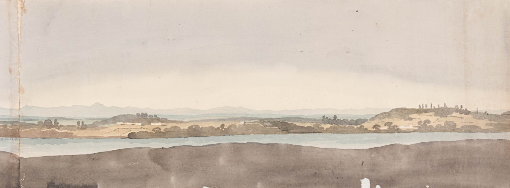 Panel 6. Looking across the mill pond to Cobble Hill one sees the site of the most important of the provincial fortifications during the Seige of Boston. In 1777 troops captured at Saratoga were quartered here. After the war when Josheph Barrell, the Boston merchant, built Poplar Grove, it became a showplace for many years. Three years after this drawing was made, the property was sold and became the McLean Asylum. The mountains in the background are obviously intended to be Wachusett, Monadnock, Kearsarge, and the beginning of the White Mountains, since all of these are visible from Bunker’s Hill on a clear day.