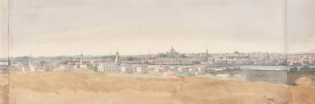 Panel 3. In the foreground on the Charlestown side, there are four churches which can be identified, from left to right: 1) First Parish on Town Hill Street built 1783, steeple in 1803. 2) Universalist Meeting House in Church Court built 1811. 3) First Baptist built 1810, corner Austin and Lawrence Streets. 4) Abandoned First Baptist, built 1801 and later used by Unitarians and Methodists. Corner High Street and Salem Hill. In the right center of this panel is the Charles River bridge built in 1786 as a result of the efforts of John Hancock who had to guarantee Harvard College two hundred Pounds annually as compensation for the loss of revenue from the ferry. The most prominent building on the skyline at this point is the State House.